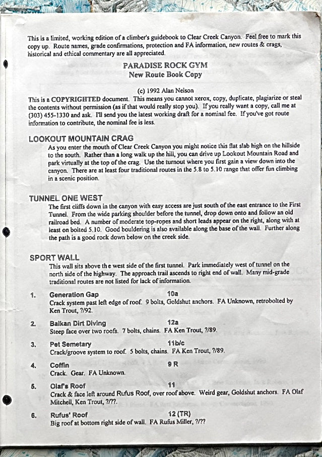 A Compendium of Clear Creek Climbs by Alan Nelson (1992)