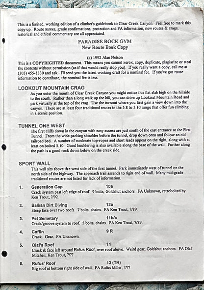 A Compendium of Clear Creek Climbs by Alan Nelson (1992)