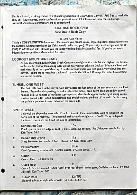 A Compendium of Clear Creek Climbs by Alan Nelson (1992)